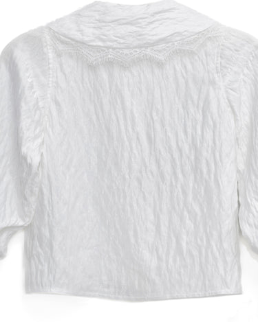 White crinkle blouse for girls with oversized lace-trimmed collar and shirred bell sleeves – Eloise Blouse ages 1–14.