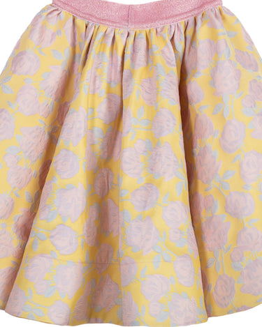 Girls yellow and pink floral brocade full flared skirt with glitter waistband – Buttercup Skirt
