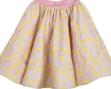 Girls yellow and pink floral brocade full flared skirt with glitter waistband – Buttercup Skirt
