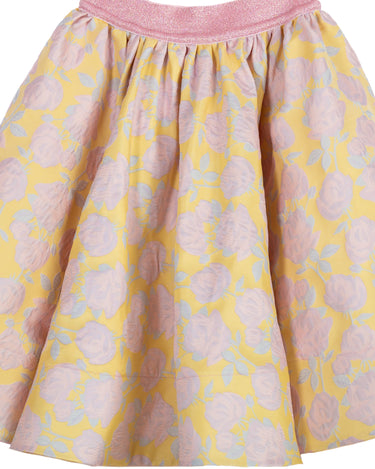 Girls yellow and pink floral brocade full flared skirt with glitter waistband – Buttercup Skirt
