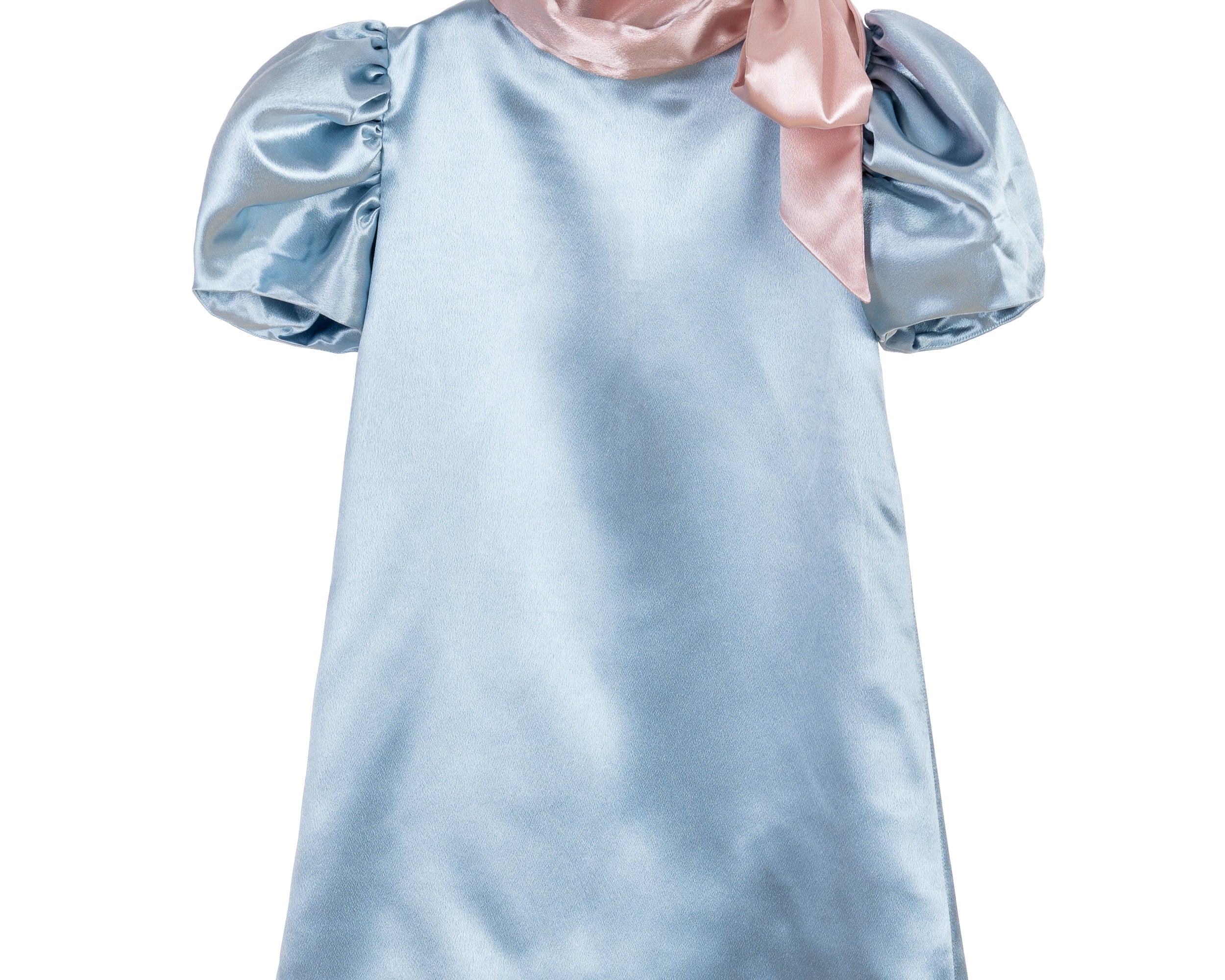 Girls sky blue satin dress with puff sleeves and pink neck bow – Sky Belle Dress for ages 1–14.