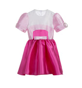 Duchess Dream pink satin dress for girls with pearl puff sleeves and bow detail – perfect for weddings, birthdays, and girls' party outfits ages 1–14.
