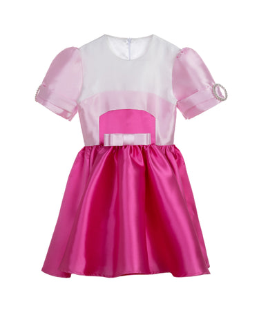 Duchess Dream pink satin dress for girls with pearl puff sleeves and bow detail – perfect for weddings, birthdays, and girls' party outfits ages 1–14.