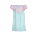 Ice Blossom girls party dress in mint and pink with puff sleeves and embellished sequin bows – pastel occasionwear for ages 1–14.