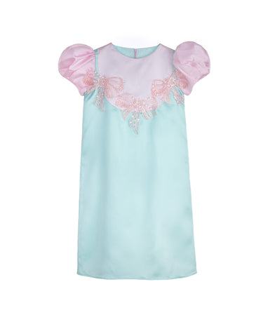 Ice Blossom girls party dress in mint and pink with puff sleeves and embellished sequin bows – pastel occasionwear for ages 1–14.