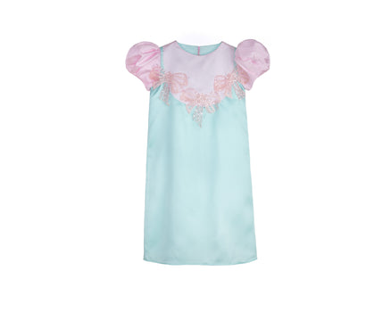 Ice Blossom girls party dress in mint and pink with puff sleeves and embellished sequin bows – pastel occasionwear for ages 1–14.