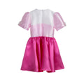 Duchess Dream pink satin dress for girls with pearl puff sleeves and bow detail – perfect for weddings, birthdays, and girls' party outfits ages 1–14.