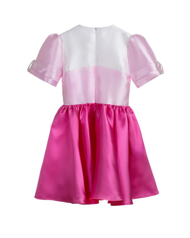 Duchess Dream pink satin dress for girls with pearl puff sleeves and bow detail – perfect for weddings, birthdays, and girls' party outfits ages 1–14.