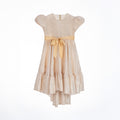 Champagne gold high-low dress for girls with puff sleeves, satin sash, and soft shimmer, perfect for weddings, Eid, and special occasions.