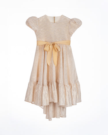 Champagne gold high-low dress for girls with puff sleeves, satin sash, and soft shimmer, perfect for weddings, Eid, and special occasions.