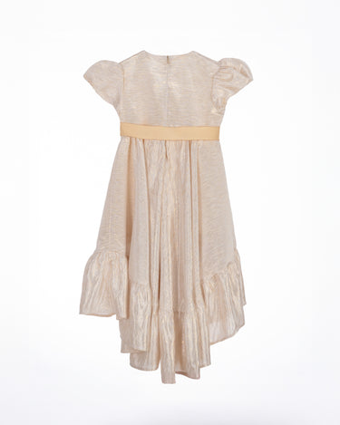 Champagne gold high-low dress for girls with puff sleeves, satin sash, and soft shimmer, perfect for weddings, Eid, and special occasions.