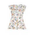Girls cotton romper with abstract multicolour scribble print, flutter sleeves, and zip-up front – Ziggy Romper for ages 1–14.