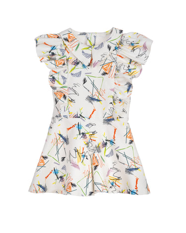 Girls cotton romper with abstract multicolour scribble print, flutter sleeves, and zip-up front – Ziggy Romper for ages 1–14.