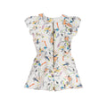 Girls cotton romper with abstract multicolour scribble print, flutter sleeves, and zip-up front – Ziggy Romper for ages 1–14.