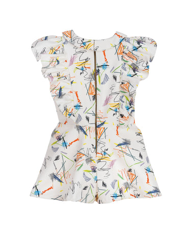 Girls cotton romper with abstract multicolour scribble print, flutter sleeves, and zip-up front – Ziggy Romper for ages 1–14.