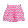 Girls high-waisted pink zigzag cotton shorts with turn-up cuffs and crystal button – Strawberry Pop Shorts for ages 1–14.