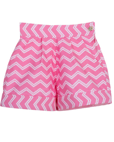 Girls high-waisted pink zigzag cotton shorts with turn-up cuffs and crystal button – Strawberry Pop Shorts for ages 1–14.