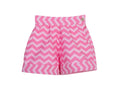 Girls high-waisted pink zigzag cotton shorts with turn-up cuffs and crystal button – Strawberry Pop Shorts for ages 1–14.
