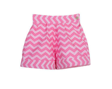 Girls high-waisted pink zigzag cotton shorts with turn-up cuffs and crystal button – Strawberry Pop Shorts for ages 1–14.