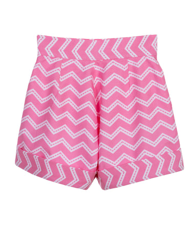 Girls high-waisted pink zigzag cotton shorts with turn-up cuffs and crystal button – Strawberry Pop Shorts for ages 1–14.