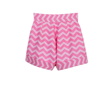 Girls high-waisted pink zigzag cotton shorts with turn-up cuffs and crystal button – Strawberry Pop Shorts for ages 1–14.