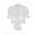 White crinkle taffeta puff sleeve blouse with pearl buttons and waist tie – Pearl Tie-Front Blouse for girls ages 1–14.