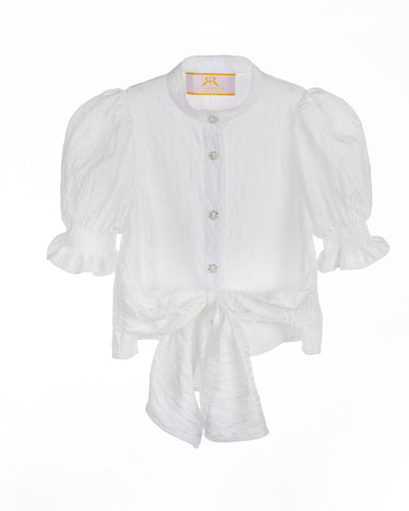 White crinkle taffeta puff sleeve blouse with pearl buttons and waist tie – Pearl Tie-Front Blouse for girls ages 1–14.