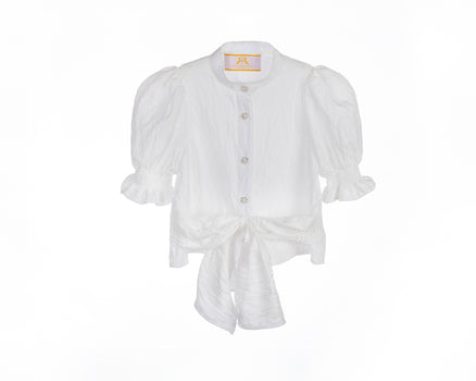 White crinkle taffeta puff sleeve blouse with pearl buttons and waist tie – Pearl Tie-Front Blouse for girls ages 1–14.