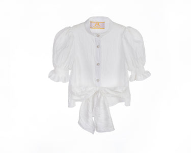 White crinkle taffeta puff sleeve blouse with pearl buttons and waist tie – Pearl Tie-Front Blouse for girls ages 1–14.
