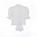 White crinkle taffeta puff sleeve blouse with pearl buttons and waist tie – Pearl Tie-Front Blouse for girls ages 1–14.