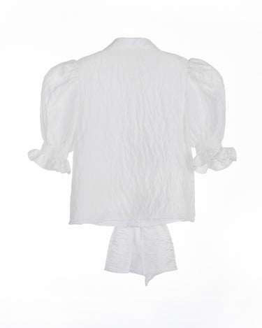 White crinkle taffeta puff sleeve blouse with pearl buttons and waist tie – Pearl Tie-Front Blouse for girls ages 1–14.