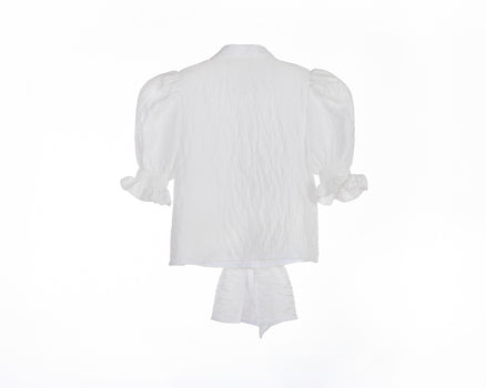 White crinkle taffeta puff sleeve blouse with pearl buttons and waist tie – Pearl Tie-Front Blouse for girls ages 1–14.