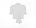 White crinkle taffeta puff sleeve blouse with pearl buttons and waist tie – Pearl Tie-Front Blouse for girls ages 1–14.