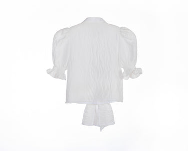 White crinkle taffeta puff sleeve blouse with pearl buttons and waist tie – Pearl Tie-Front Blouse for girls ages 1–14.