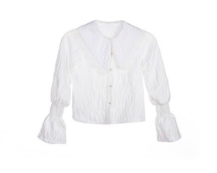 White crinkle blouse for girls with oversized lace-trimmed collar and shirred bell sleeves – Eloise Blouse ages 1–14.