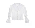 White crinkle blouse for girls with oversized lace-trimmed collar and shirred bell sleeves – Eloise Blouse ages 1–14.