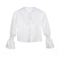 White crinkle blouse for girls with oversized lace-trimmed collar and shirred bell sleeves – Eloise Blouse ages 1–14.