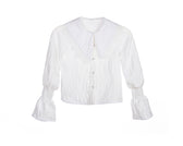 White crinkle blouse for girls with oversized lace-trimmed collar and shirred bell sleeves – Eloise Blouse ages 1–14.