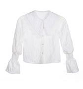 White crinkle blouse for girls with oversized lace-trimmed collar and shirred bell sleeves – Eloise Blouse ages 1–14.