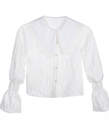 White crinkle blouse for girls with oversized lace-trimmed collar and shirred bell sleeves – Eloise Blouse ages 1–14.