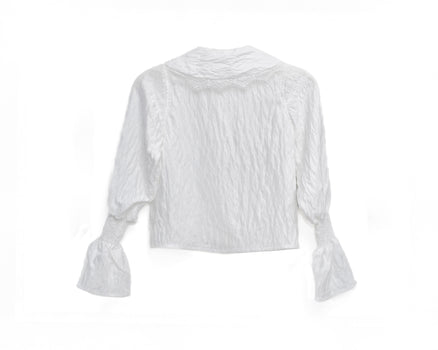 White crinkle blouse for girls with oversized lace-trimmed collar and shirred bell sleeves – Eloise Blouse ages 1–14.