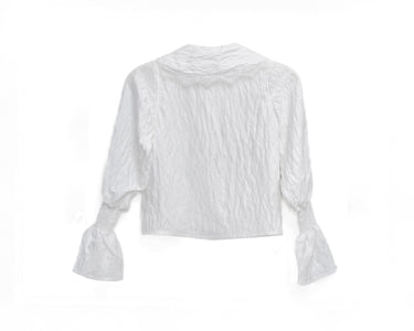 White crinkle blouse for girls with oversized lace-trimmed collar and shirred bell sleeves – Eloise Blouse ages 1–14.