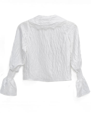 White crinkle blouse for girls with oversized lace-trimmed collar and shirred bell sleeves – Eloise Blouse ages 1–14.
