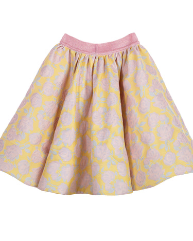 Girls yellow and pink floral brocade full flared skirt with glitter waistband – Buttercup Skirt