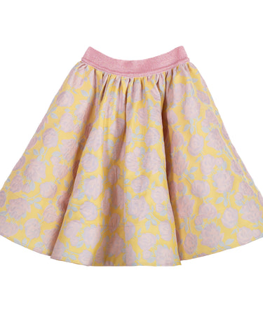 Girls yellow and pink floral brocade full flared skirt with glitter waistband – Buttercup Skirt
