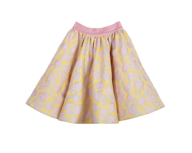 Girls yellow and pink floral brocade full flared skirt with glitter waistband – Buttercup Skirt
