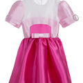 Duchess Dream pink satin dress for girls with pearl puff sleeves and bow detail – perfect for weddings, birthdays, and girls' party outfits ages 1–14.