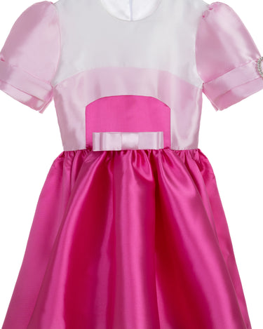Duchess Dream pink satin dress for girls with pearl puff sleeves and bow detail – perfect for weddings, birthdays, and girls' party outfits ages 1–14.
