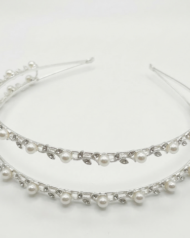 Silver slim headband with clear crystals and pearl drop detailing for girls