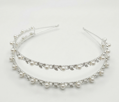 Silver slim headband with clear crystals and pearl drop detailing for girls